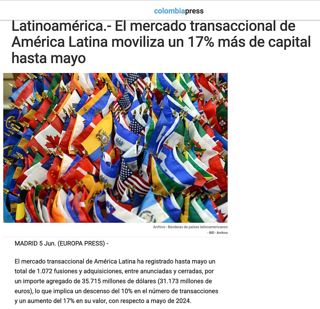 El mercado transaccional de Amrica Latina moviliza un 17% ms de capital hasta mayo
